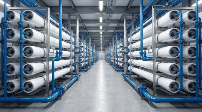 Rows of Reverse Osmosis Pressure Vessels in Industrial Desalination Plant. Represents water purification, global infrastructure, and fluid engineering.