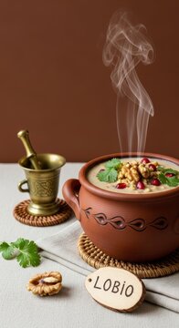 Authentic Georgian Lobio Bean Stew in Clay Ketsi Pot with Earth Tone Negative Space for Quotes