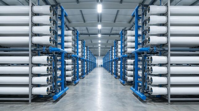 Rows of Reverse Osmosis Pressure Vessels in Industrial Desalination Plant. Represents water purification, global infrastructure, and fluid engineering.