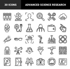 Fototapeta premium Future technology and scientific innovation elements for digital interfaces. Monoline technical pictograms featuring robotics, biotech, and space exploration.