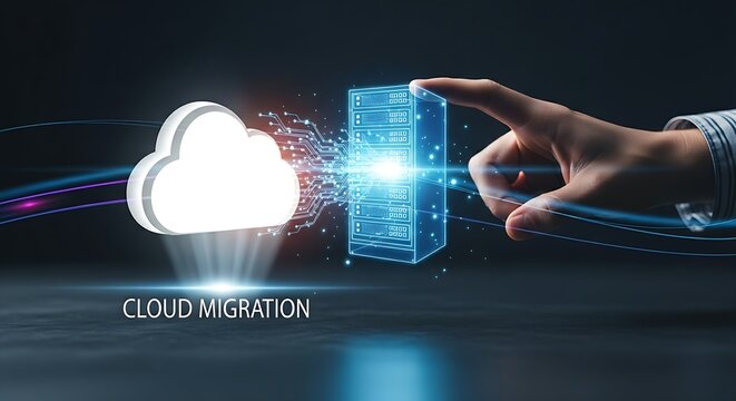 Cloud migration concept. A hand is shown dragging a holographic server icon towards a glowing cloud icon, representing the process of moving data and infrastructure.