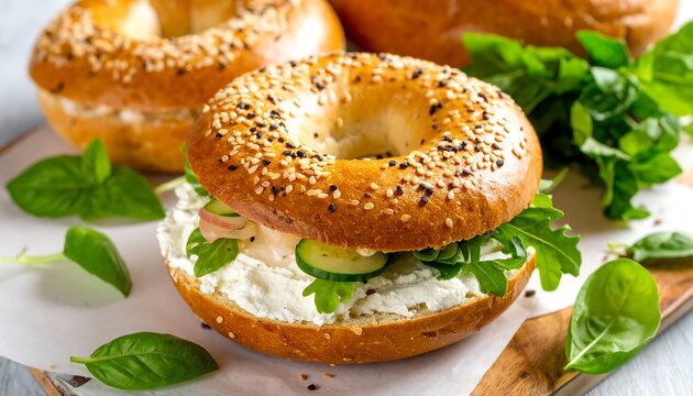 Fresh bagels with cream cheese and vegetables