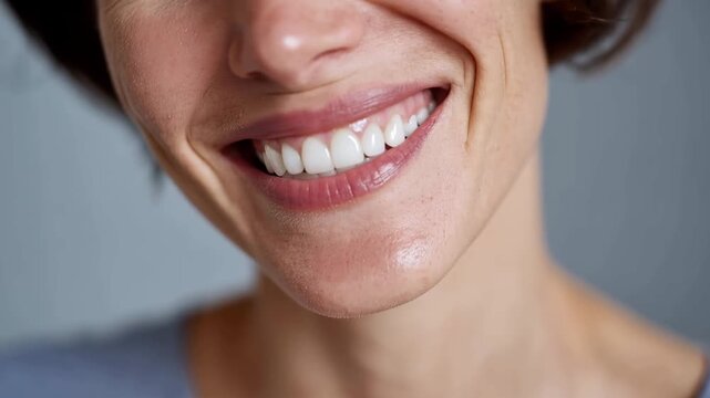 close up smiling woman mouth, white healthy teeth, dental care beauty, natural lips, oral hygiene concept, perfect smile portrait, cosmetic dentistry, clean teeth, fresh confident expression