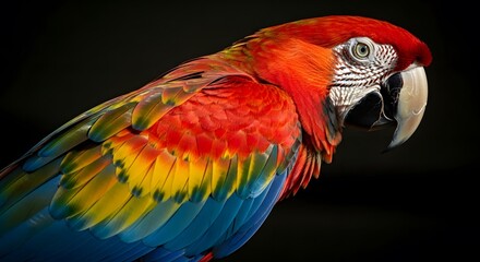 Fototapeta premium Close-up profile of a brilliantly colored scarlet macaw parrot showcasing its vivid red, yellow, and blue plumage with intricate feather detail. Dark background.