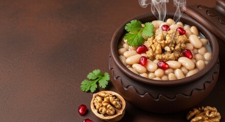 Fototapeta premium Authentic Georgian Lobio Bean Stew in Clay Ketsi Pot with Earth Tone Negative Space for Editorial