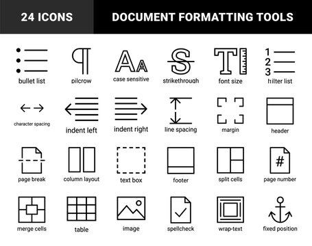 Text editing and document formatting interface elements. Technical monoline pictograms for word processing software and digital publishing tools.