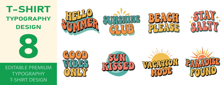 Retro summer typography designs for t-shirts with beach motifs