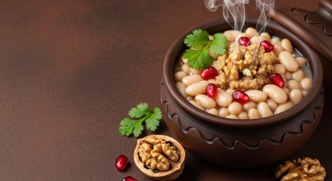 Authentic Georgian Lobio Bean Stew in Clay Ketsi Pot with Earth Tone Negative Space for Editorial