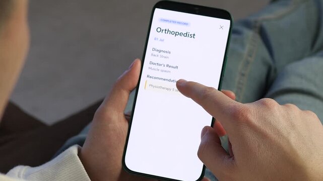 Person Checking Medical History and Orthopedist Report on Smartphone. a user navigating a sleek health log app. Scrolling through records and opening an orthopedic report showing back strain diagnosis