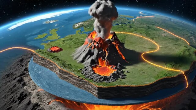 Volcanic Eruption and Plate Tectonics Animation on Earths Surface.