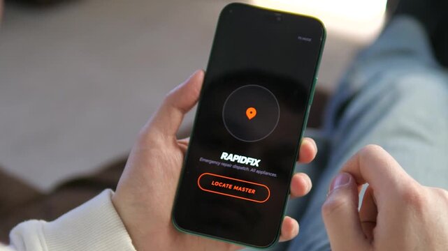 Modern app interface for finding local repair masters. Close-up of smartphone with emergency dispatch functionality. Ideal for promoting on-demand handyman services, tech solutions, and service apps.