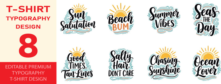 Summer t-shirt typography design set of 8 vector files collection