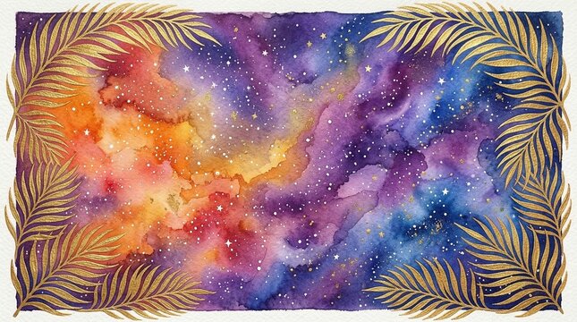 Watercolor galaxy background decorated with elegant golden palm leaves in the four corners frame
