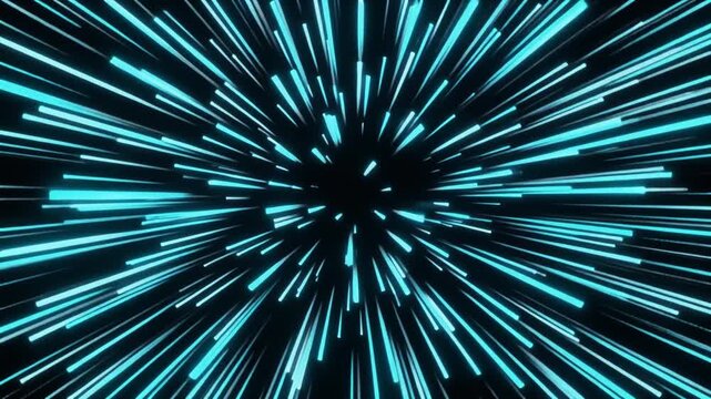 Bright blue light streaks radiate outward from a central point against a black background, creating a warp-speed hyperspace effect symbolizing futuristic travel, acceleration, and cosmic exploration.