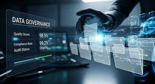 Data governance concept. A professional organizes holographic data into folders protected by shields, illustrating compliance, quality control, and data management policies.