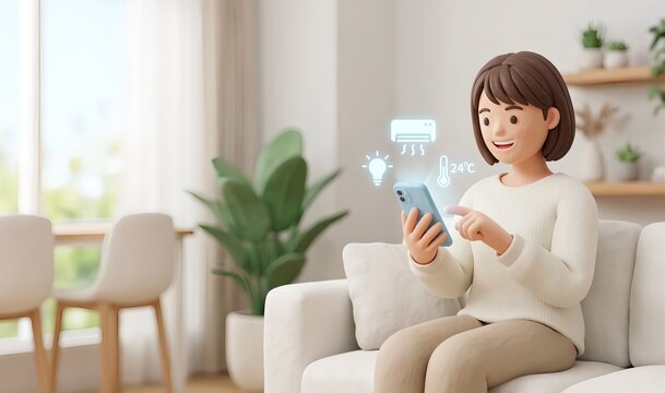 クレイアニメ風のスマートフォンでスマート家電を操作する人物（IoT・スマートホーム・生活）