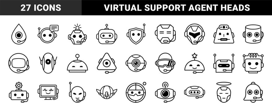 AI chatbot and virtual assistant head avatars for customer support interfaces. Technical monoline robotic characters featuring communication and service automation aesthetics.