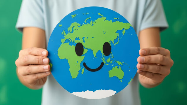 Person holding smiling earth cutout with happy face on green background symbolizing environmental care