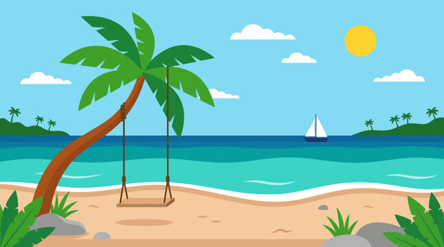 Sunny tropical beach scene with palm tree and swing overlooking the ocean and horizon.