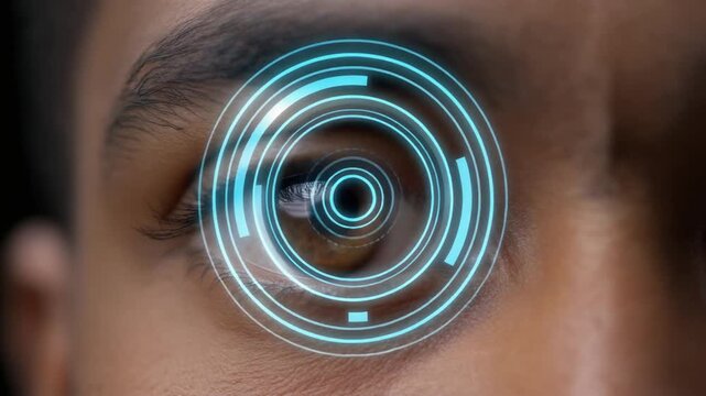 A close-up of a person's eye with a futuristic blue circular interface on the iris.