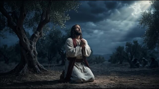 Jesus Christ Praying in the Garden of Gethsemane, Night of Agony Before Crucifixion, Spiritual Christian Background