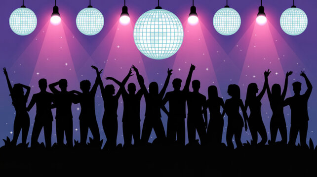 Silhouetted crowd dancing under colorful disco lights at a vibrant party with raised arms and a large mirror ball