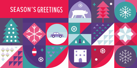Festive season s greetings card featuring geometric shapes and winter scenes © Sabuj