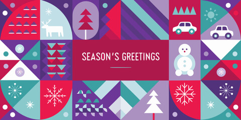 Festive geometric pattern featuring winter icons and holiday greetings © Sabuj
