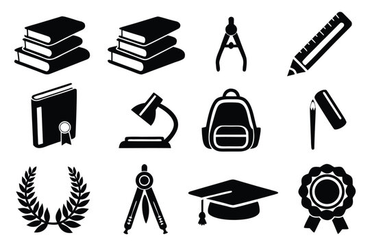 Black and white educational set with books backpack compass ruler and graduation cap