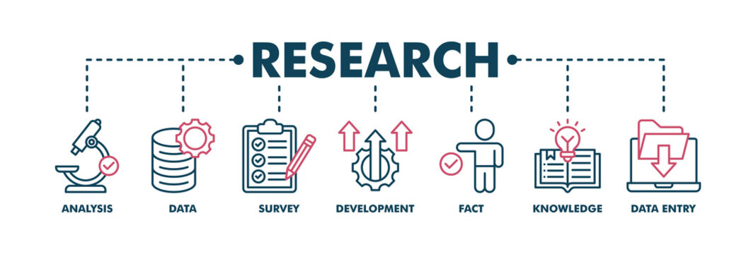 Research banner web color vector illustration concept with icon of analysis, data, survey, development, fact, knowledge and data entry