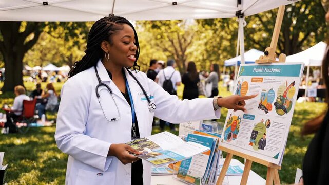 Female doctor explains poster at outdoor health fair tent. Doctor points to health information display board. Woman doctor at fair explains medical poster. Outdoor health event with doctor explaining.