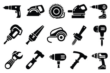 Fototapeta premium Black and white set of fifteen different power tools and hand tools