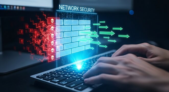 Network security concept. A holographic firewall shield blocks malicious red data packets while allowing safe green ones, representing cybersecurity and threat protection.