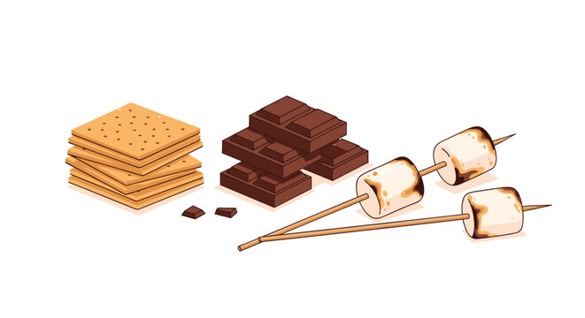 Classic smores ingredients including a stack of graham crackers, chocolate bars, and roasted marshmallows on sticks are shown on white.