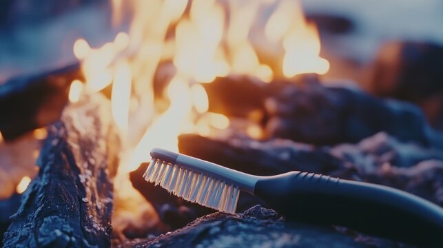 Toothbrush resting by a warm campfire in wilderness setting