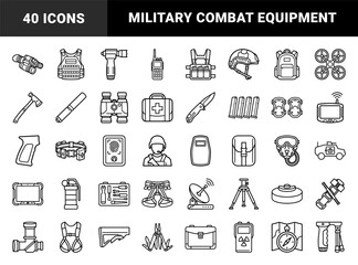 Fototapeta premium Tactical military gear and survival equipment for defense training infographics. Technical monoline illustrations featuring combat tools and field hardware.