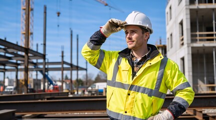 Portrait of a male construction worker in hard hat and safety jacket looking away. Professional builder or foreman at industrial building site. Steel beams and concrete structure background