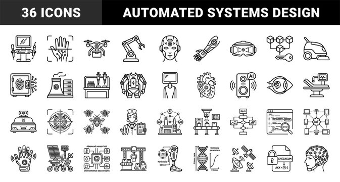Advanced robotics and artificial intelligence monoline elements for technical documentation. Schematic industrial automation and cybernetic concept visuals.