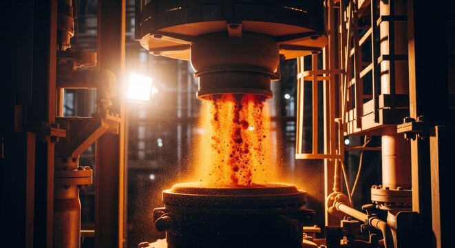 Intense shot of molten metal pouring into a vessel from industrial machinery under bright artificial light. Warm, glowing hues highlight the process with a focus on form