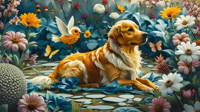 Golden retriever dog lying in magical blooming floral garden conveys profound peace and serene emotion. Surrounding nature showcases living things and pure wild beauty alongside flying bird