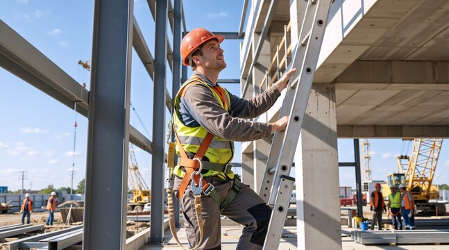 Construction worker in safety harness and orange hard hat climbing a metal ladder. Professional builder working at heights on industrial building site. Fall protection gear concept