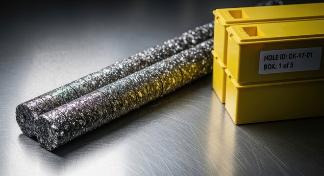 Two metallic core samples rest on a steel surface next to yellow storage containers with ID labels. The samples are cylindrical with rough, speckled textures