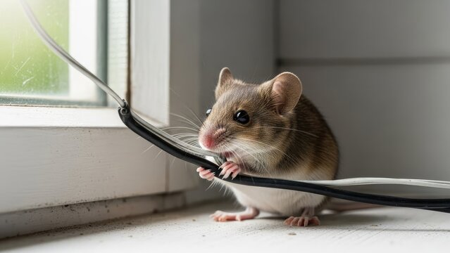 A small mouse gnaws on electrical wire near a window in a white-framed wall