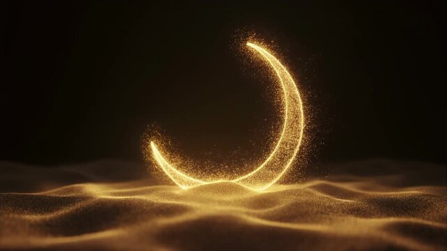 Glowing crescent moon shape made of sparks on dark background