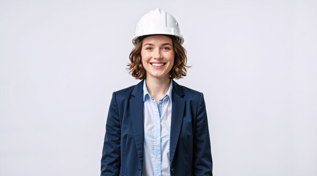 Portrait of a smiling female engineer wearing a white hard hat and business suit. Confident woman architect looking at camera on a white background. Copy space for text