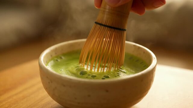 Preparing matcha tea in a bowl with a bamboo whisk on a wooden table. A serene still life highlighting tradition and wellness.  Japanese culture, tea ceremony, healthy lifestyle.