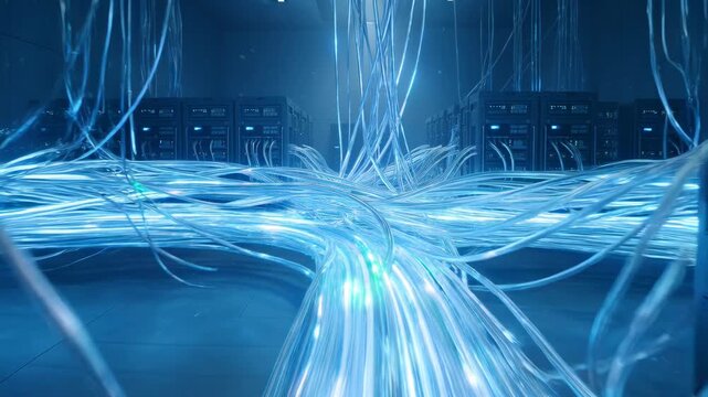 Server room with servers and cables in datacenter. An interior shot of the technology behind the internet. Data transfer, machine learning, cloud computing.