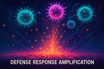 Obraz premium Intense defense response amplification of immune system. This abstract illustration shows virus cell under attack, powerful and dynamic concept for biology