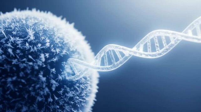 A blue-tinted microscopic view of a cell with a fuzzy surface and a glowing DNA double helix structure emerging from it