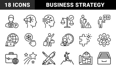 Fototapeta premium Business management and corporate workflow strategy symbols. Professional monoline pictograms featuring leadership, global logistics, and technical planning concepts.